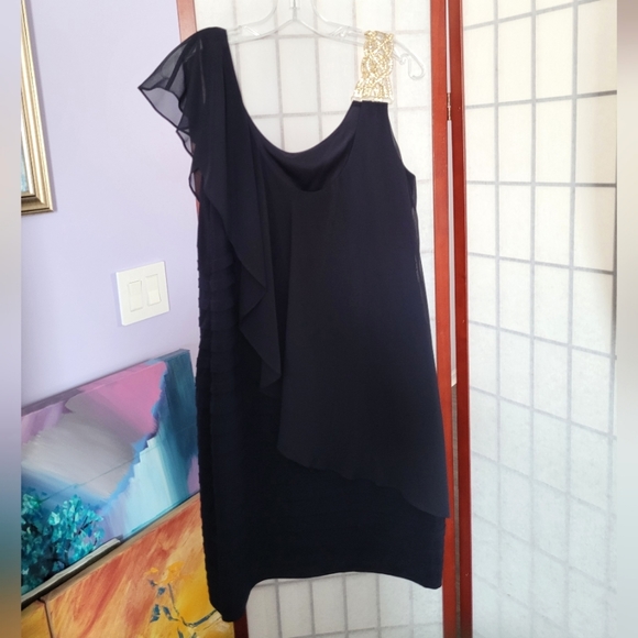 Navy Blue Formal Dress with Gold Chain Link Strap Fits Like Size 8 - Picture 2 of 13